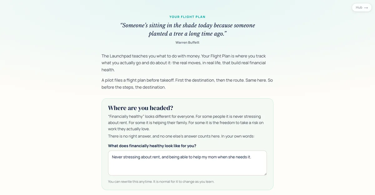 A student's Flight Plan: a personal definition of financially healthy, and real money moves marked to-do, planned, or done